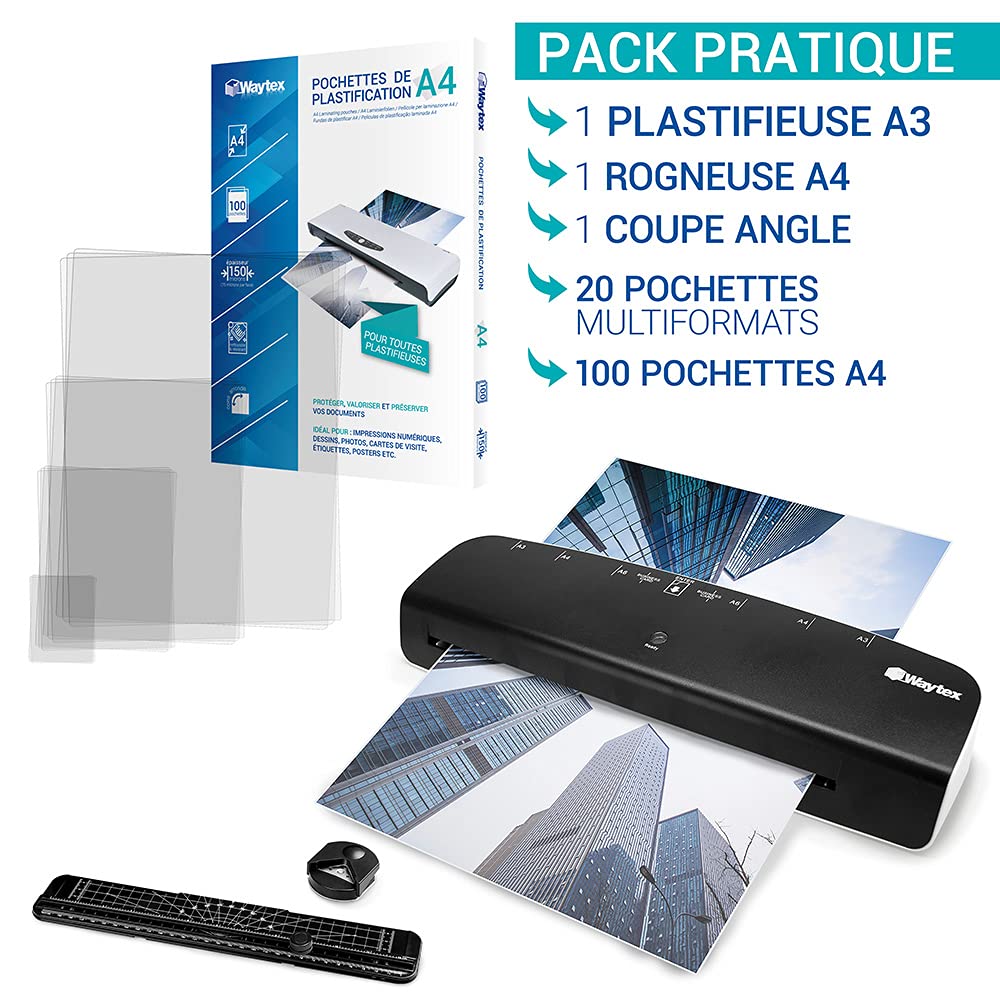 WAYTEX A78209P73 - Kit Plastificatrice A3 A4 Pro Rapida fino a 2 x 125 micron con taglierina a foglia, arrotondatrice angolare, 100 buste A4 + 20 formati multiformati