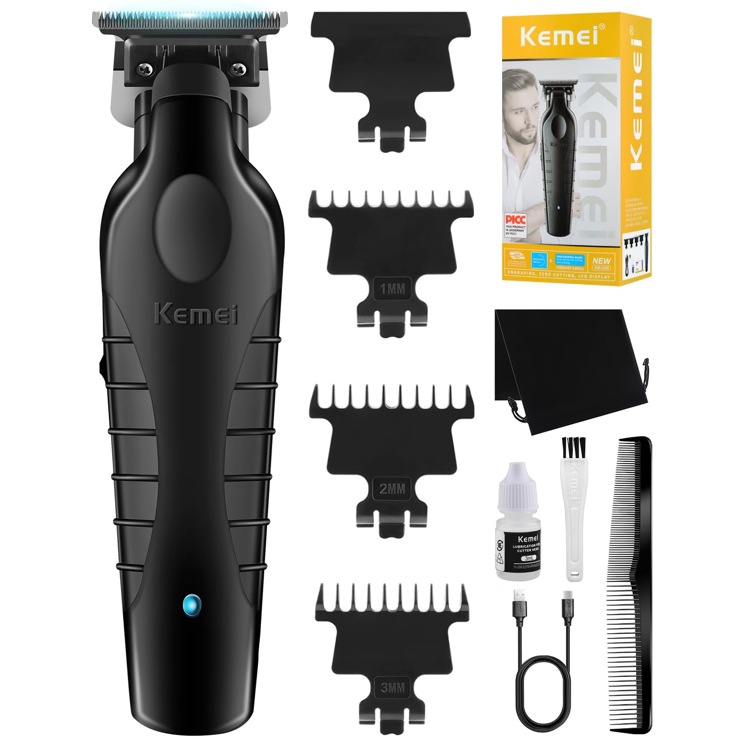 KEMEI 2299 Professional Hair Clipper for Men, Cordless Electric Beard Trimmer Men, Zero Gapped T-Blade Hair Trimmer with 3 Guide Combs