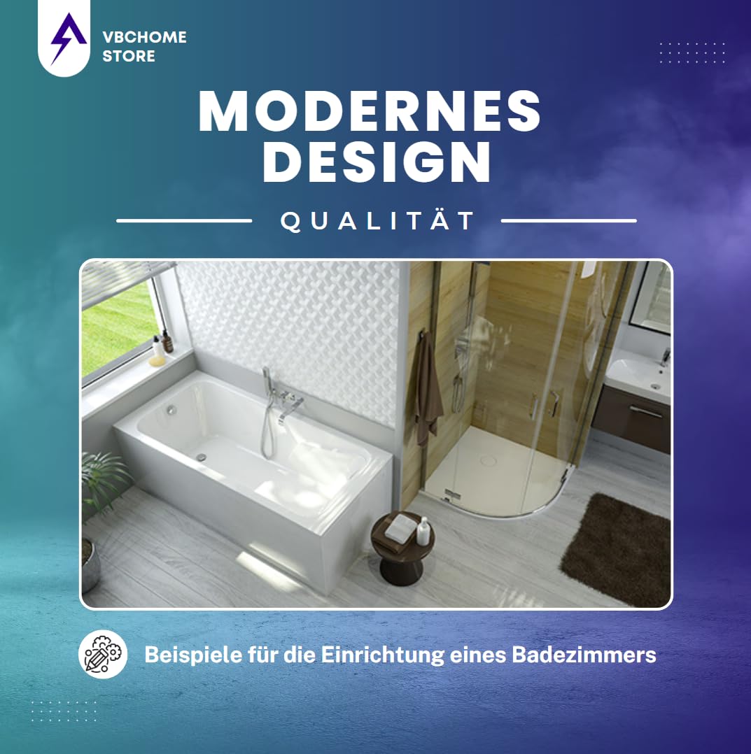 VBChome Badewanne 180x80 cm Weiß Acryl Schürze Wannenfüße Siphon Rechteckig Wanne Abfluss Design Modern Ablaufgarnitur in Chrom Badewanne mit Schürze