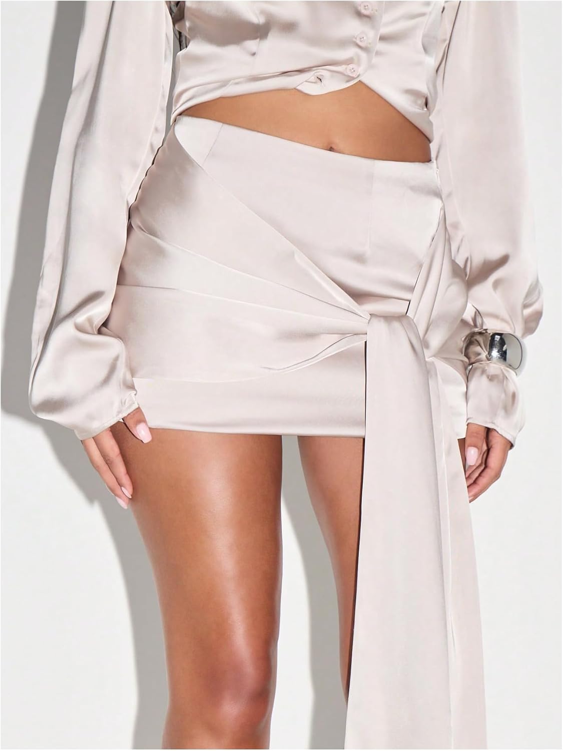 MakeMeChic Women's Satin High Waist Mini Skirt Business Casual Knot Bodycon Skirts