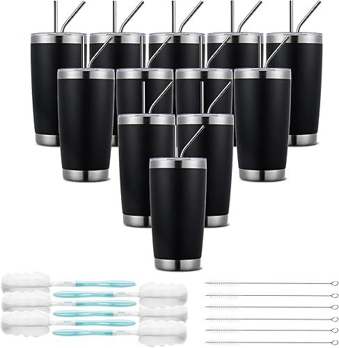 Miniatura 1 de COKTIK - Paquete de 12 vasos de 20 onzas con tapa y popote, cepillo, aislamiento al vacío con doble pared de acero inoxidable, térmico para bebidas