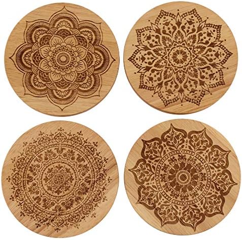 4 Piece Mandala Coasters Wood Coasters for Drinks Mandala Coaster Set Hostess Gifts for Women, Desk Coaster Mandala Decorations, Drink Coasters Mandala Coaster Mat, Mandala Set