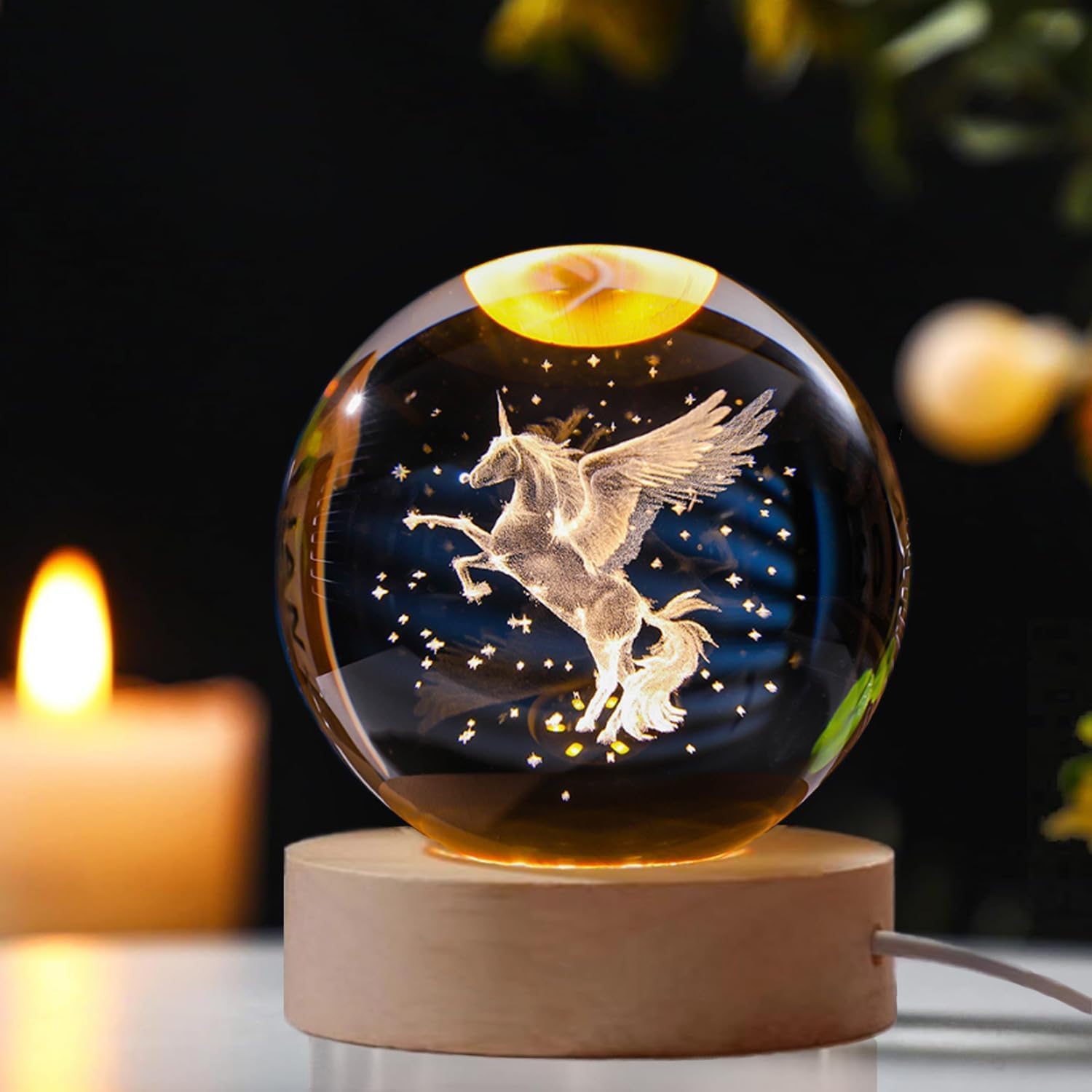 3D Horse Crystal Ball Night Lamp with Wood Base Luminous Side Table Lamps for Bedroom-Livingroom-Home Decor Presents Best Gifts for Birthday Boys & Girls-image-34