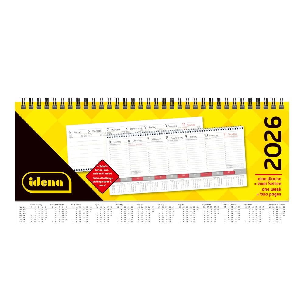 Idena 12057 Desk Calendar 2026 Landscape Format 29.8 x 10.5 cm, per Week 2 Pages, Desk Calendar with Index Cut and Spiral Binding