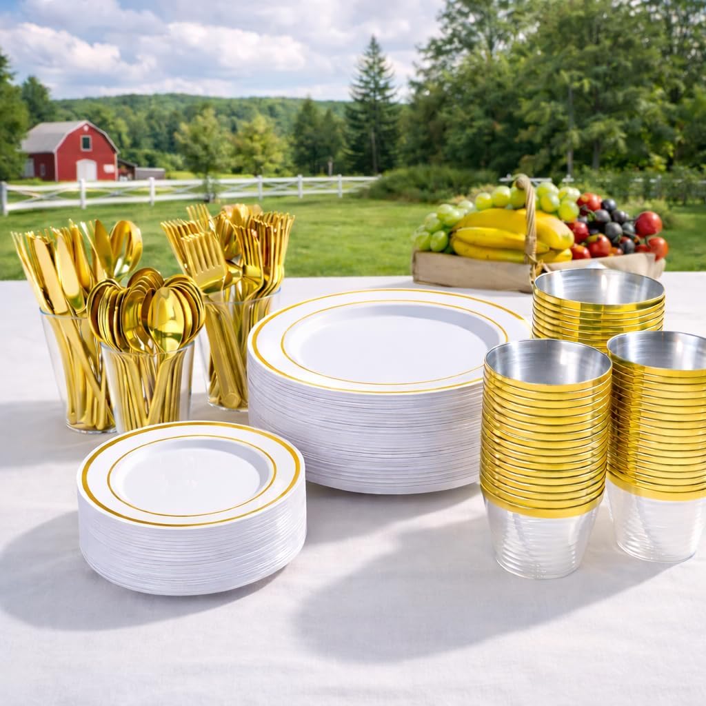 300 Piece Gold Disposable Plates for 50 Guests, Elegant Dinnerware Set for Party, Family Gathering & All Celebration, White and Gold Plates with Cups, Utensils