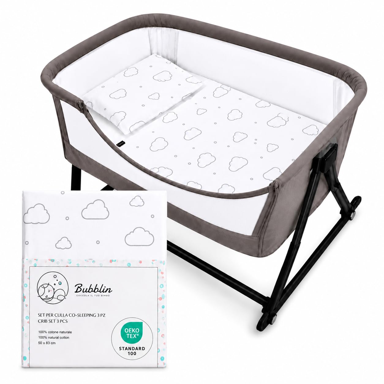 Bubblin Next to Me Compatible Sheets 83 x 50 cm Set of 3 Cushion Cover + Fitted Sheet + Fitted Sheet 100% Cotton OEKOTEX Cosleeping Next2Me (Cloud)