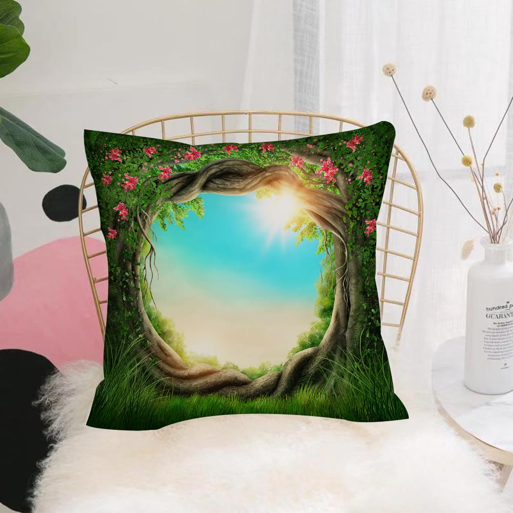 HYMSXW Cushion Cover,Throw Pillow Case Home Decorative for Living Room Bedroom Sofa Chair 20X20 Inch,Cushion CoverTree,Enchanted Forest in Spring Fresh Growth Foliage with Blossoms,Pillowcase 50X50cm