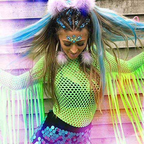 ANKOMINA body feminino sexy arrastão borla manga comprida macacão festa festival dança clube, Neon G