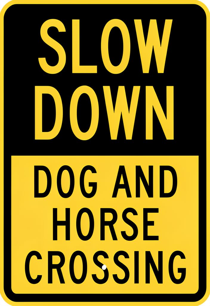 peiyeety Slow Down Dog and Horse Crossing Tin Sign 12x8 Inch, Yellow & Black Metal Warning Plaque, Rustic Farm Barn Driveway Decor, Outdoor/Indoor Wall Sign Gift for Animal Lovers