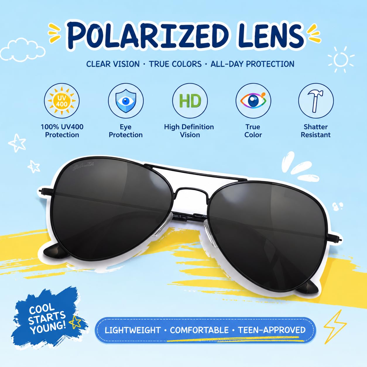 Gafas de sol polarizadas para niños y niñas de 6 a 12 años, protección UV400, gafas de sol para niños, marco de metal, ligeras, exteriores, playa, vacaciones