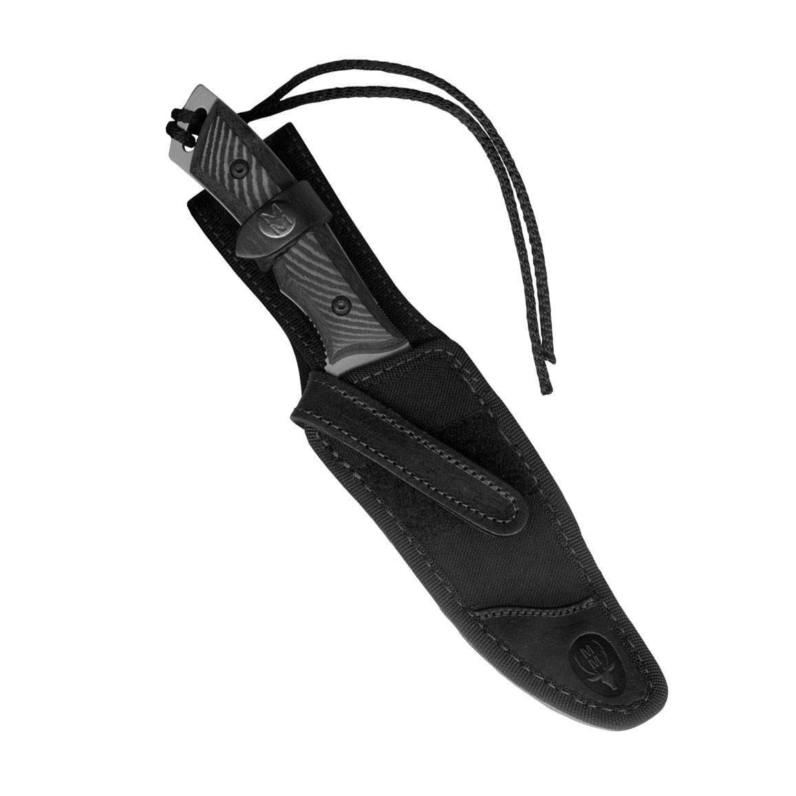 Muela Cuchillo TYPHOON-15W hoja de acero ACX-380 de 15 cm y empuñadura de micarta negra para Caza, Pesca, Supervivencia y Bushcraft Realizado en Ciudad Real + Portabotellas de regalo