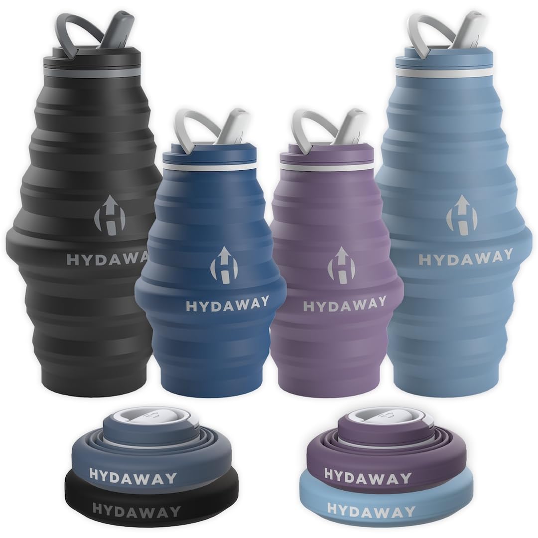 HYDAWAY Collapsible Water Bottles - 4-Pack Family Bundle - Two 17oz and Two 25oz Reusable BPA-Free Bottles with Flip-Top Lids - Leakproof and Space-Saving for Travel, Hiking, and Everyday Hydration