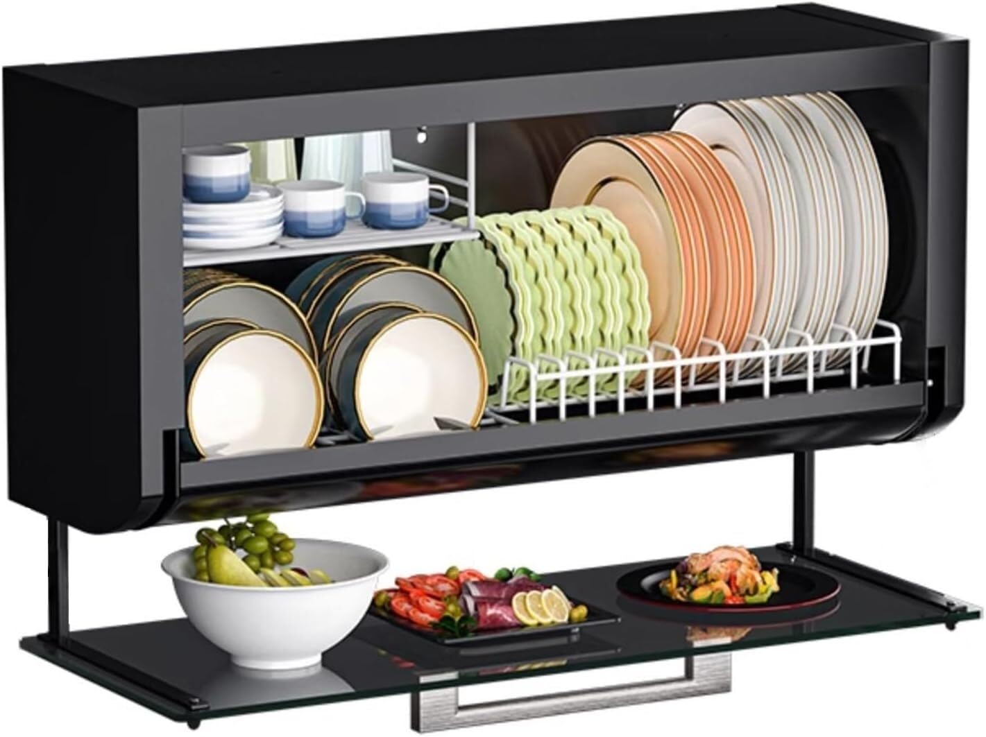 OLSKFUH Pull Down Spice Rack 2 Tiers With Drainer Tray Cabinet Metal Dish Rack Kitchen Organiser,