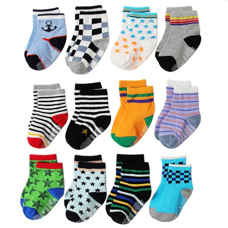 ORiTi6/12 Pairs Non Slip Toddler Socks 0-5 years Cotton Infant Baby Kids Grip Socks for Boy Girls Anti Skid Ankle Socks