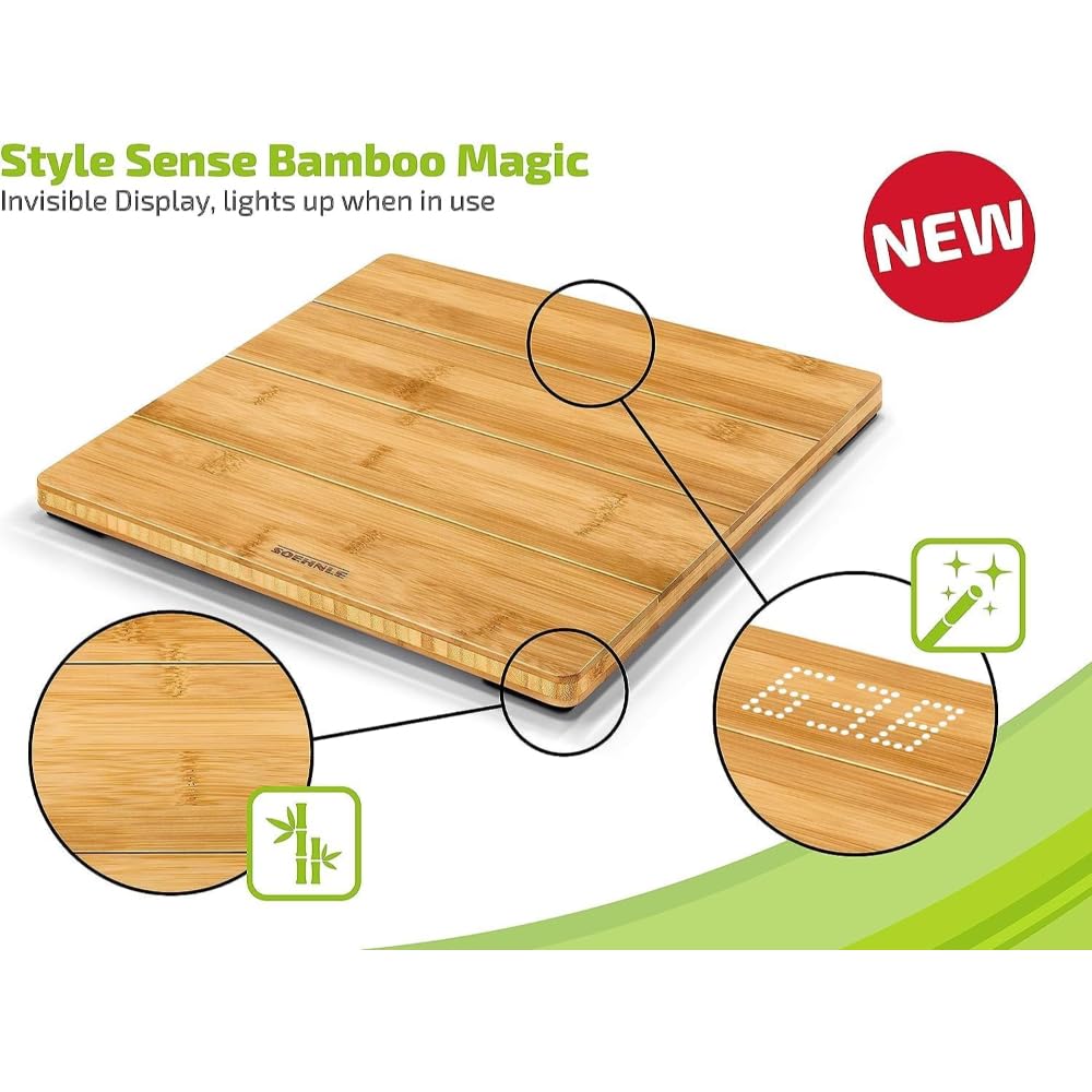 Soehnle Style Sense Bamboo Magic, digitale Holzwaage aus echtem Bambus, Waage mit unsichtbarem Display, top lesbare LED-Anzeige, Körperwaage für ein warmes Fußgefühl, Personenwaage bis zu 180 kg