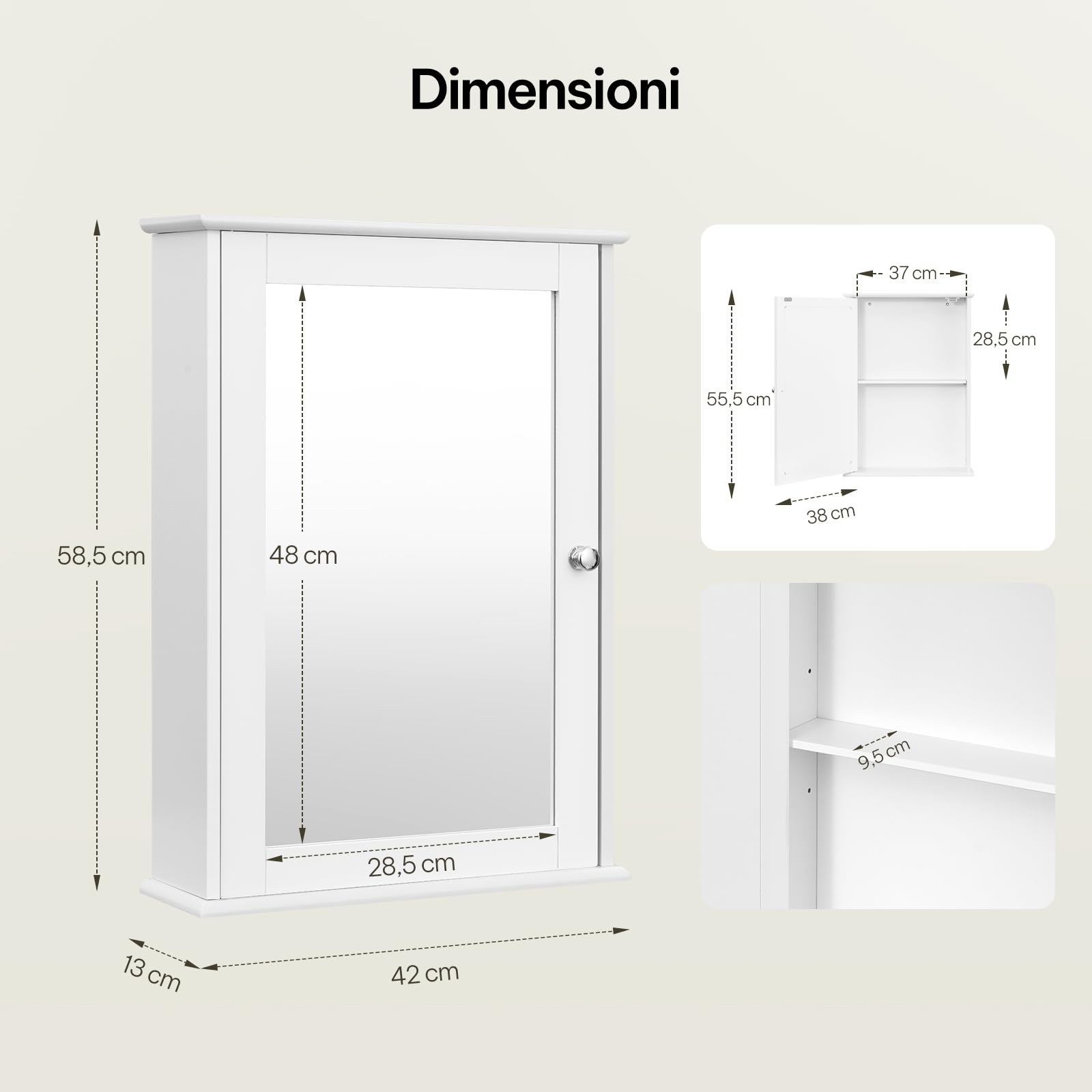 eSituro Armadietto da Bagno a 1 Ante Mobiletto Pensile con Specchiera Salvaspazio Mobile a Muro con Ripiani Regolabili, Bianco 42x12x58.5cm (LxPxA)