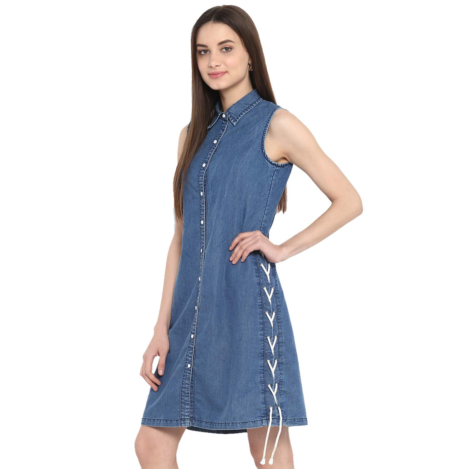 StyleStoneWomen's Denim White String Tie up Dress