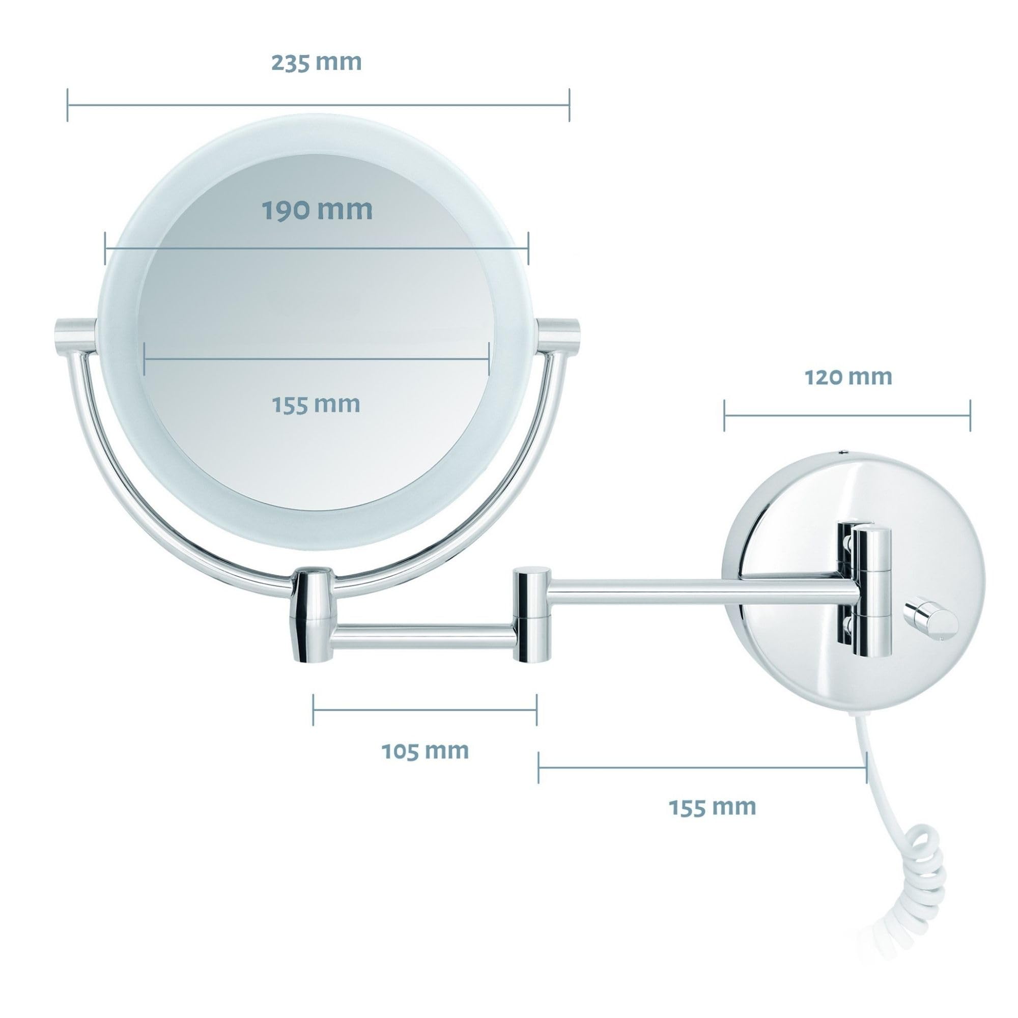Modena Espejo de Aumento de Pared con LED – Espejo de Maquillaje Giratorio 360° con Atenuador, Luz Natural e Ingrandimento 5x/10x