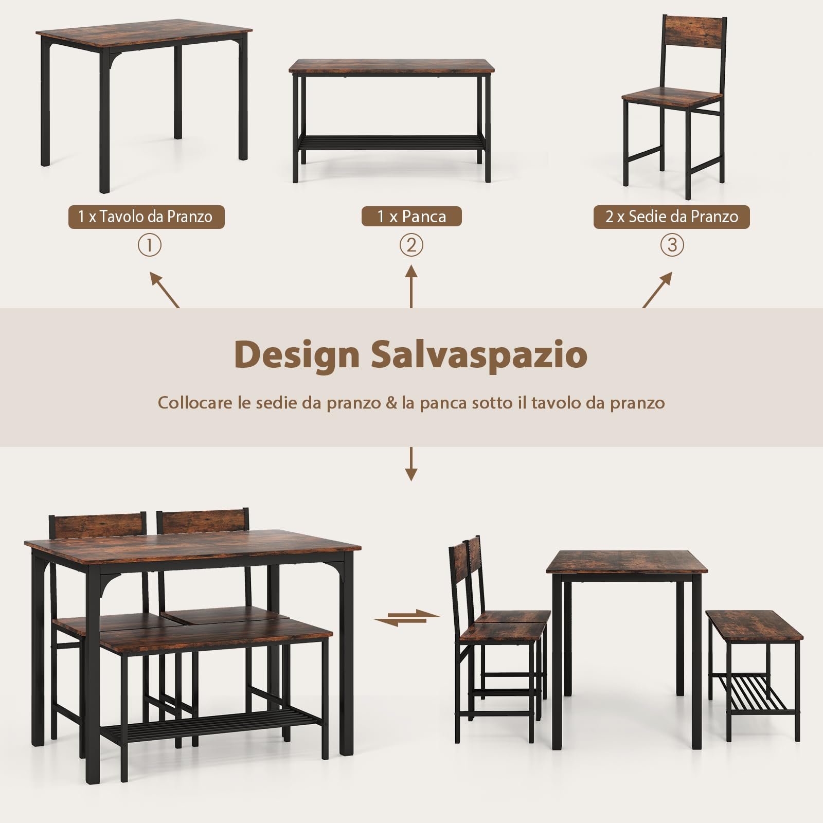 RELAX4LIFE Set Tavolo e Sedie da Cucina con Tavolo da P ranzo, Panca e 2 Sedie, 4 Posti, in Design Industriale gruppo sedute con Ripiano in MDF e Struttura in Metallo (marrone rustico)