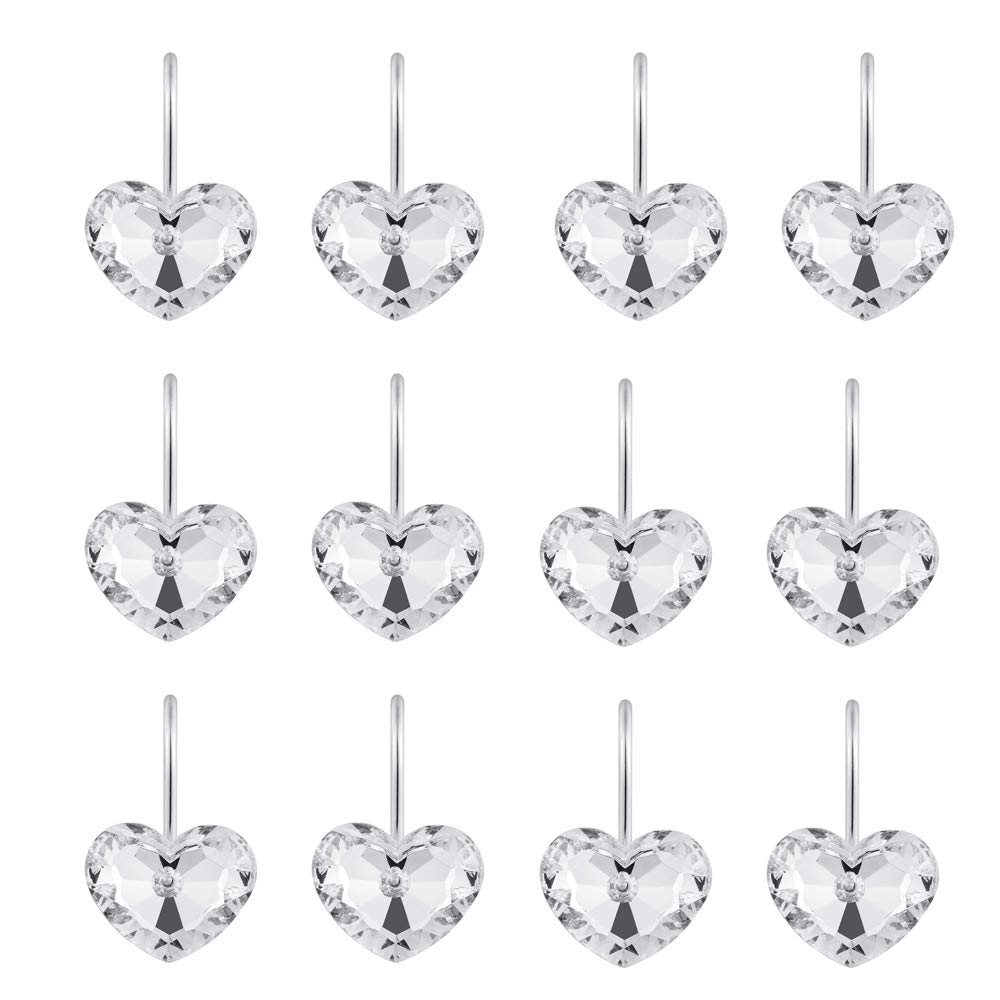 ActpeDecorative Crystal Heart Shape Shower Hooks Rust Resistant Hooks Glide Shower Ring Hangs for Bathroom Shower Rods Curtain, Pack of 12