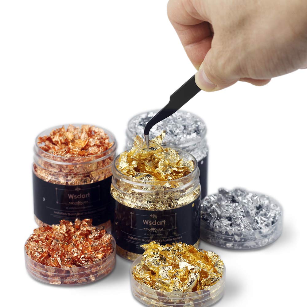 Wsdart Gilding Flakes Set - 15 Grams Color 2.5 Imitation Gold, Silver, Color 0 Real Copper Schabin Flakes, 3 Bottles Metallic Foil Flakes for Resin Art, Painting and Crafts, Nail Art 3