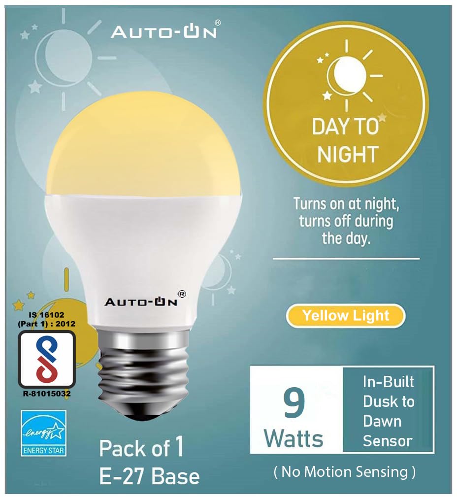 Auto-ON Day/Night Sensor LED Bulb 9W (Yellow Color) (E27-Screw Type) - Always ON during During, Auto-OFF During Day - One Year Warranty (Pack of -1, E27)