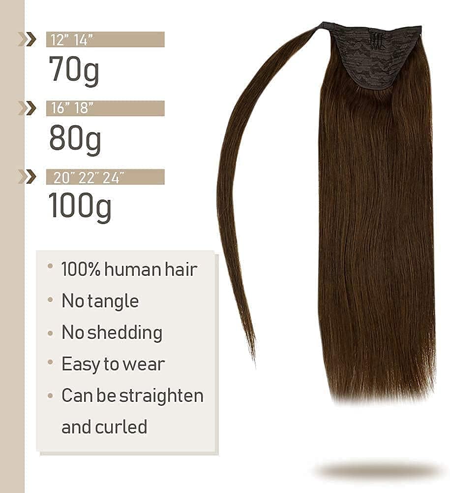 RUNATURE Human Hair Ponytail Extension Chocolate Brown Clip in Ponytail Hair Extensions Real Human Hair Straight Ponytail Extension Real Hair 70g 12 Inch - Image 5