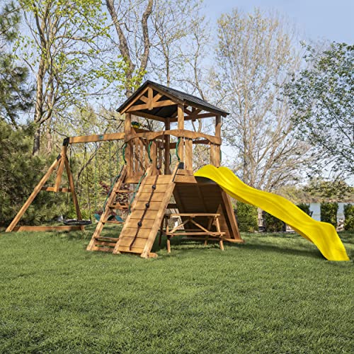 Backyard Discovery Endeavor II Cedar Wood Swing Set with Wave Slide, Play Deck, Double Rock Wall, Picnic Table, Climbing Wall, Belt Swings, Web Swing, Toy Telescope, Step Ladder, Outdoor Playset - image 1