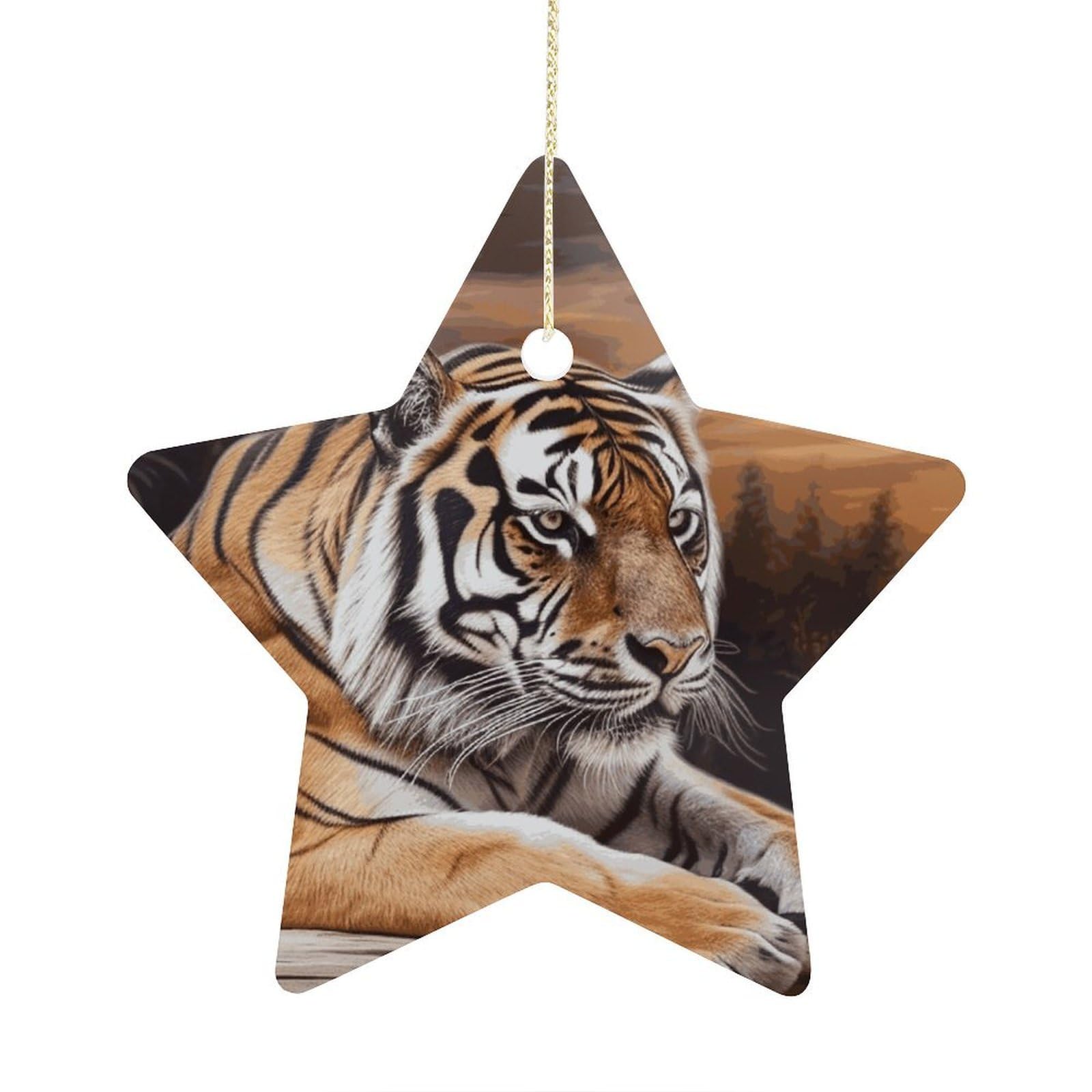Tiger Lying on Wood Stars Ornaments Ceramic Christmas Tree Hanging Light in Weight Christmas Star Pendants Funny Double-Sided Printed Xmas Ornaments for Gifts