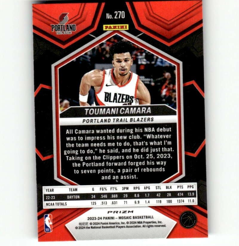 Miniatura 2 de 2023-24 Panini Mosaic Mosaic Reactive Blue #270 Toumani Camara RC Rookie NBA Debut Portland Trail Blazers NBA Basketball Trading Card