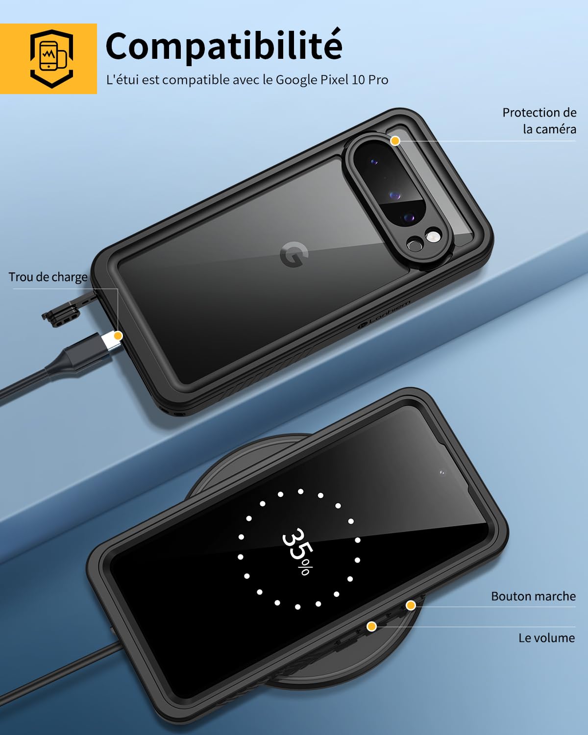 Lanhiem Coque pour Google Pixel 10 Pro IP68 Étanche Antichoc Intégrale Noir | Waterproof,Double Renforcé,360° Protection Écran+Caméra,Antipoussière,Incassable Etui,Avant et Arrière Housses,Chantier