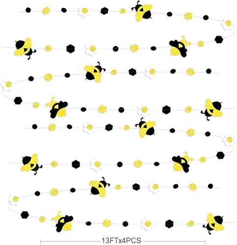 Miniatura 2 de Guirnalda de círculos de flor de abeja blanca y negra dorada de 52 pies, guirnalda con purpurina de panal de abeja, decoraciones de revelación de