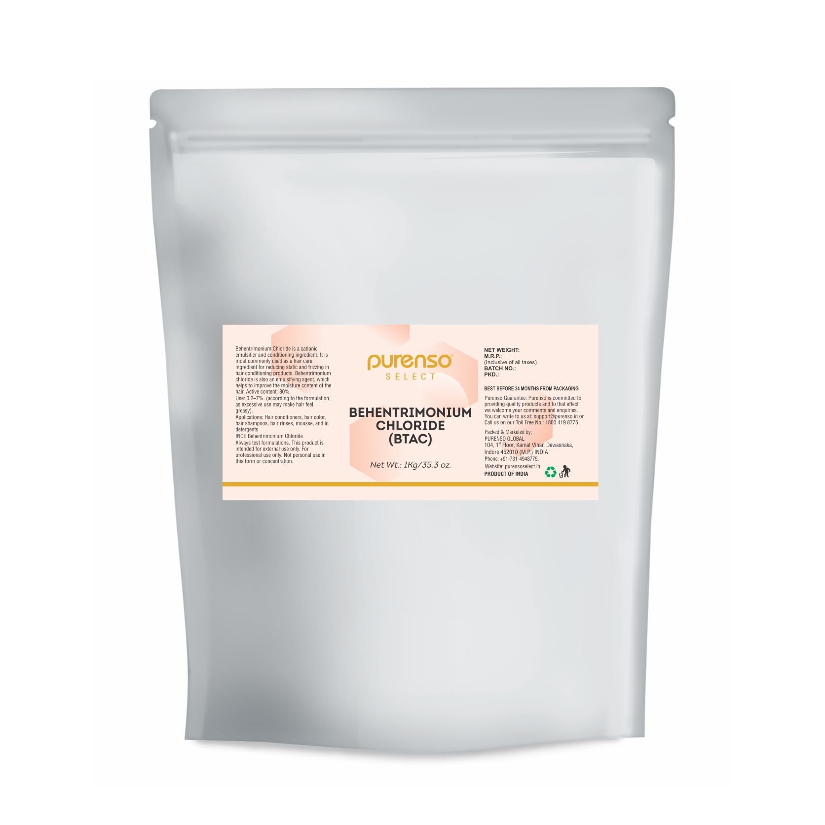 Purenso Select - Behentrimonium Chloride (BTAC), 1Kg I For Emulsifying Wax, Soap, Shampoos Making, Bulk for Cosmetics and Personal Care Products