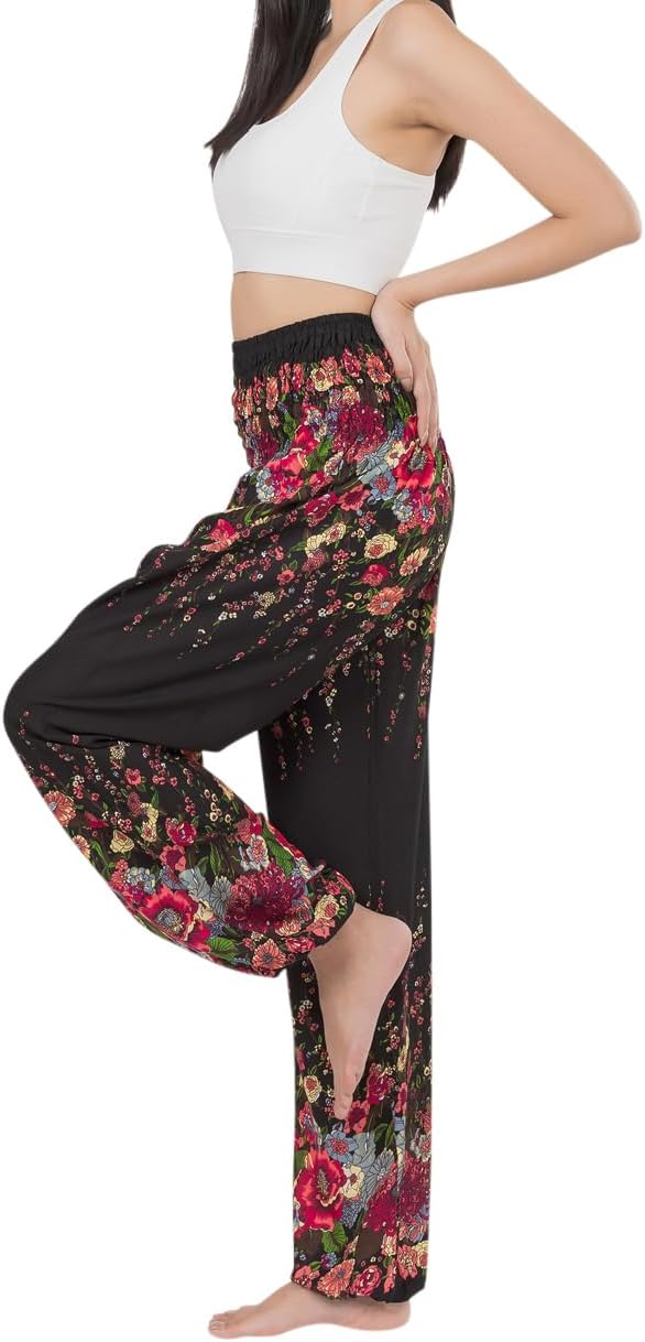 Banjamath® Women's Smocked Waist Harem Hippie Boho Yoga Palazzo Casual Pants (M,Floral Black 2) - Image 4