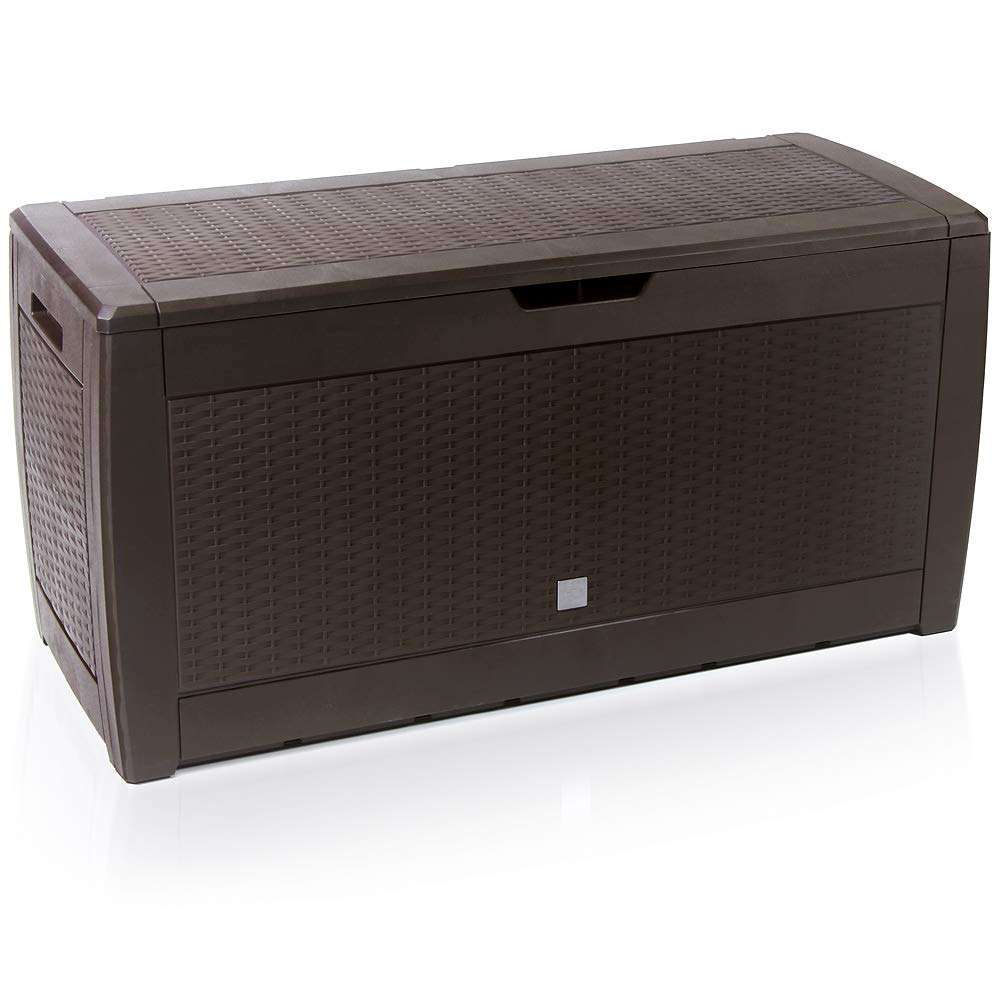 Buy CASARIA Garden Storage Chest Brown 310L Hinged Lid Handles Wheels Rattan Look Outdoor
