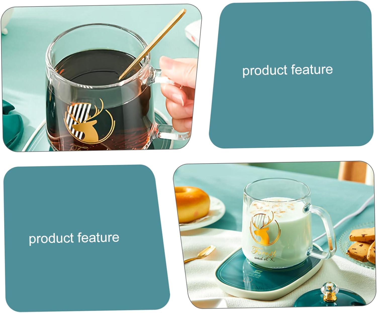 KICHOUSE Ceramic Coffee Mug Warmer with Cup Scoop Electric Heating Pad for Office and Home Use Safe Non-Radiation Drink Warmer Set Compatible Green Glass Design