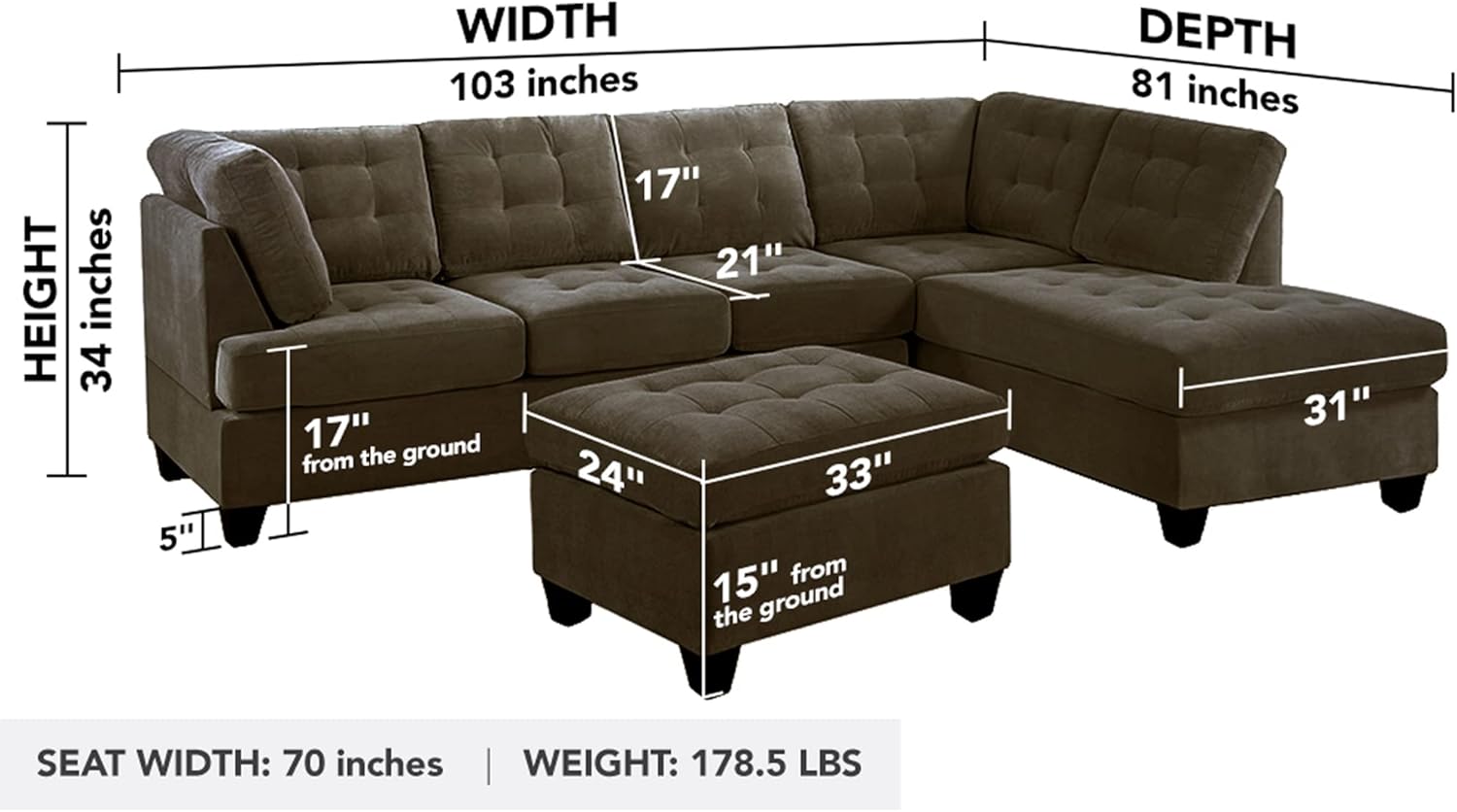 Casa Andrea Milano LLC 3 Piece Modern Tufted Micro Suede L Shaped Sectional Sofa Couch with Reversible Chaise & Ottoman, Large, Brown : Home & Kitchen