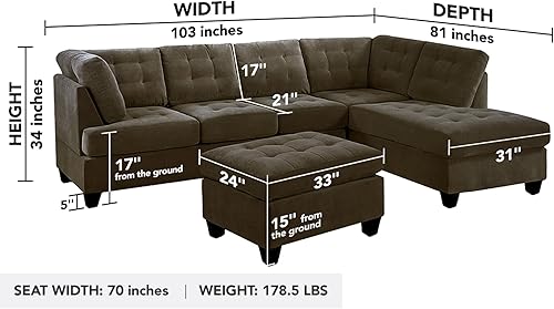 Miniatura 2 de Casa Andrea Milano LLC - Sofá modular moderno de 3 piezas de microgamuza copetuda en forma de L con diván reversible y otomana grande café