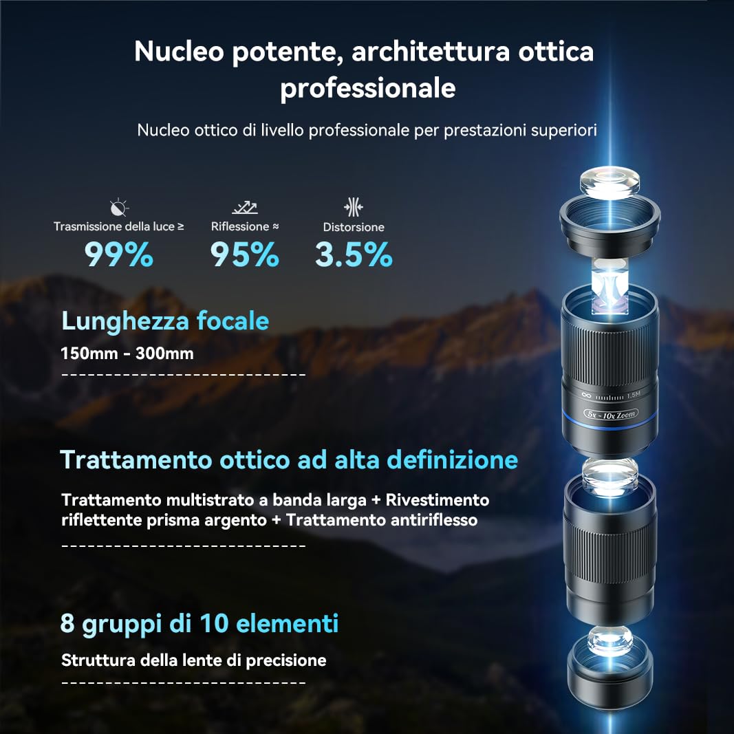 APEXEL Teleobiettivo Zoom Compatto 5x-10x per Cellulari con Clip Universale, Lente Multistrato Adatta per iPhone 17/16/15..., Samsung, Pixel e Altri Smartphone,Nero