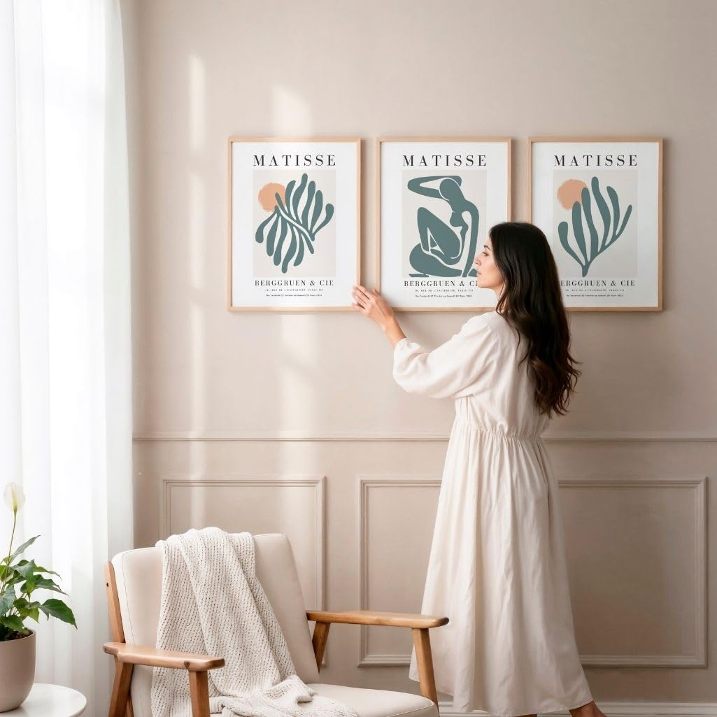 ARTINSPIRIO Matisse Juego de 3 murales verdes, figuras abstractas y carteles botánicos, Mid Century Modern Decoración de Pared para Salón y Dormitorio, Sin Marco (40 x 50 cm)
