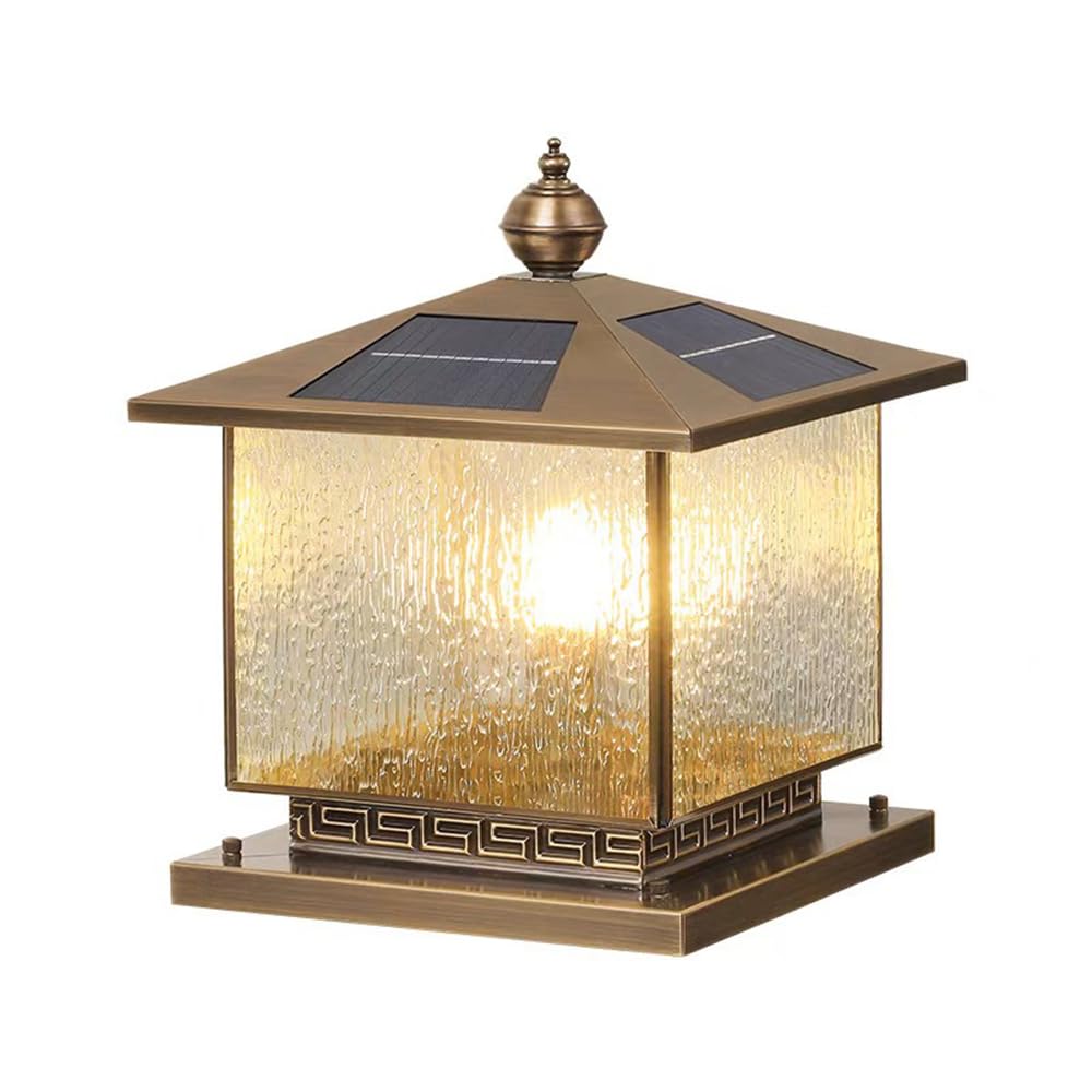 Lampa do słupka do drzwi willi z automatycznym włączaniem/wyłączaniem lampa kolumnowa pełna miedziana energia słoneczna lampa słupowa rustykalna latarnia w stylu vintage z kloszem