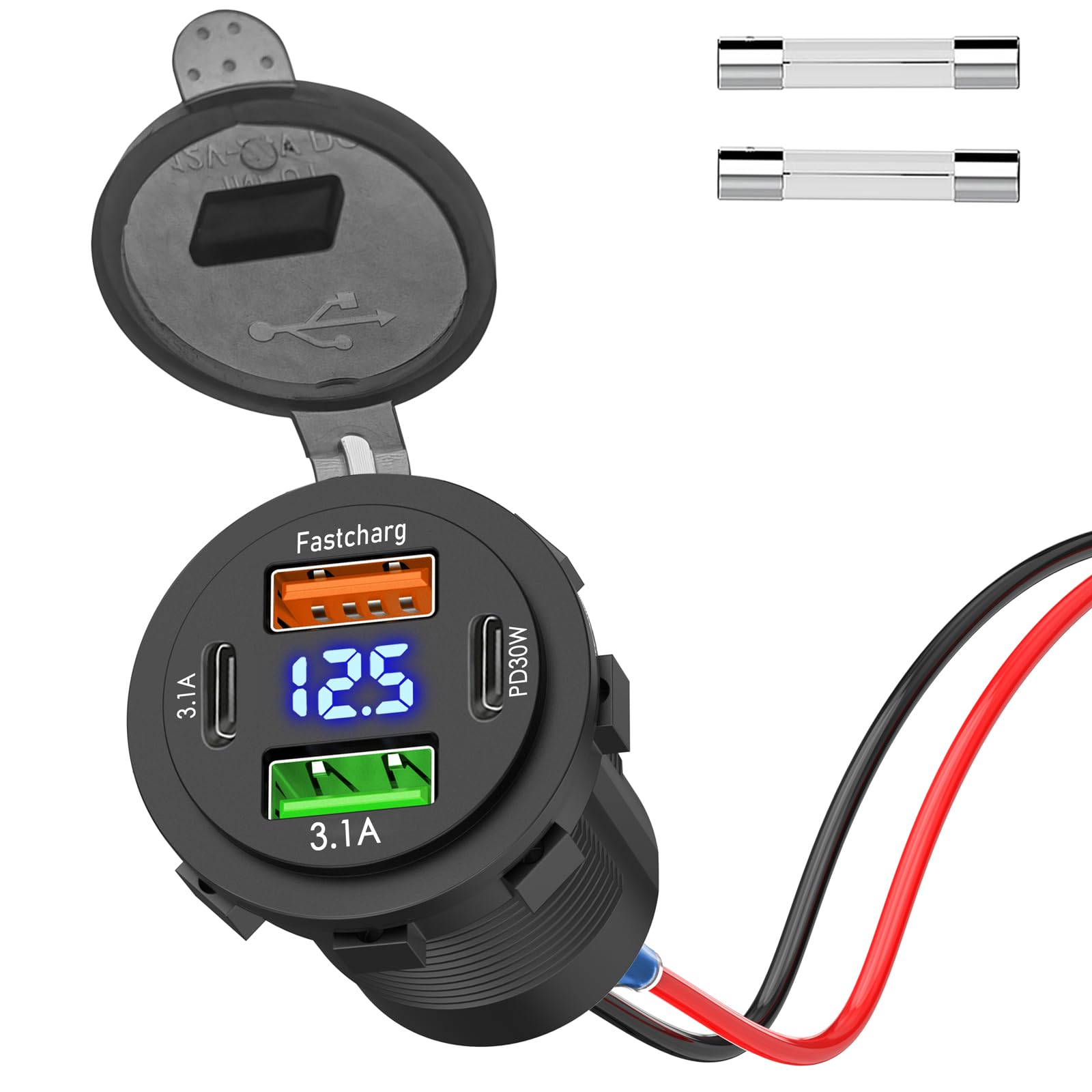 Presa USB per Auto 12V QC3.0 Doppio USB Porte Caricatore USB Auto Impermeabile con Interruttore e LED per 12V / 24V Auto Moto Camper Camion Barca Blu