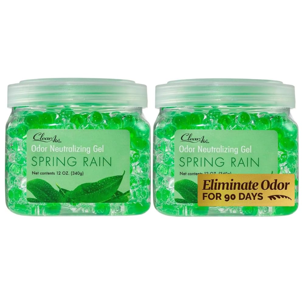 Odor Eliminator Gel - 12 oz, Pack of 2 - Air Freshener Made with Essential Oils - Eliminates Odors in Bathrooms, Cars, Boats, RVs & Pet Areas - Spring Rain Scent