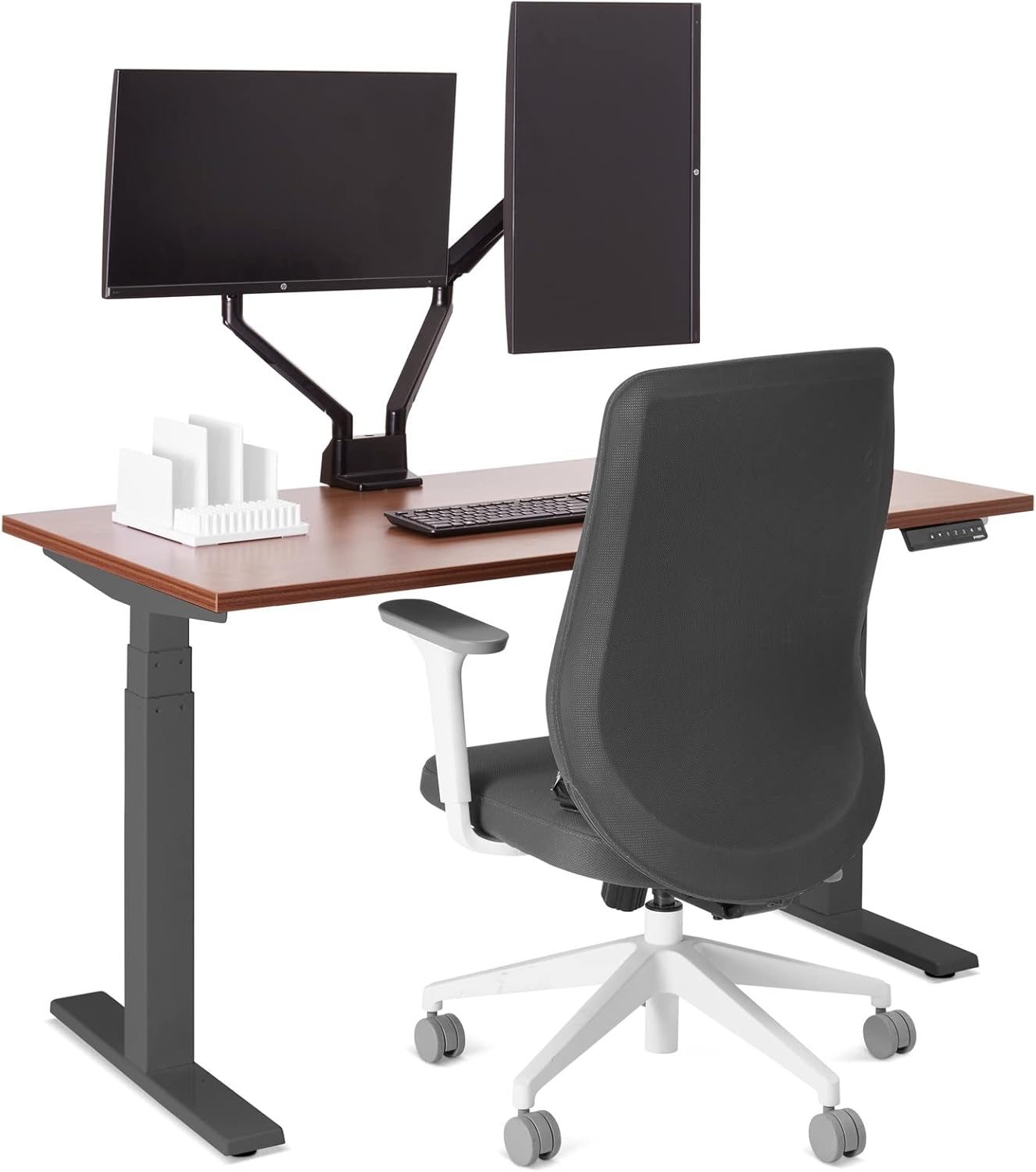 Poppin Series L Adjustable Height Single Desk, Walnut, 47", Modern Sit and Stand Solution with Charcoal Electric Legs Adjusting Height 25" to 50,5", LED Display with Four Memory Buttons