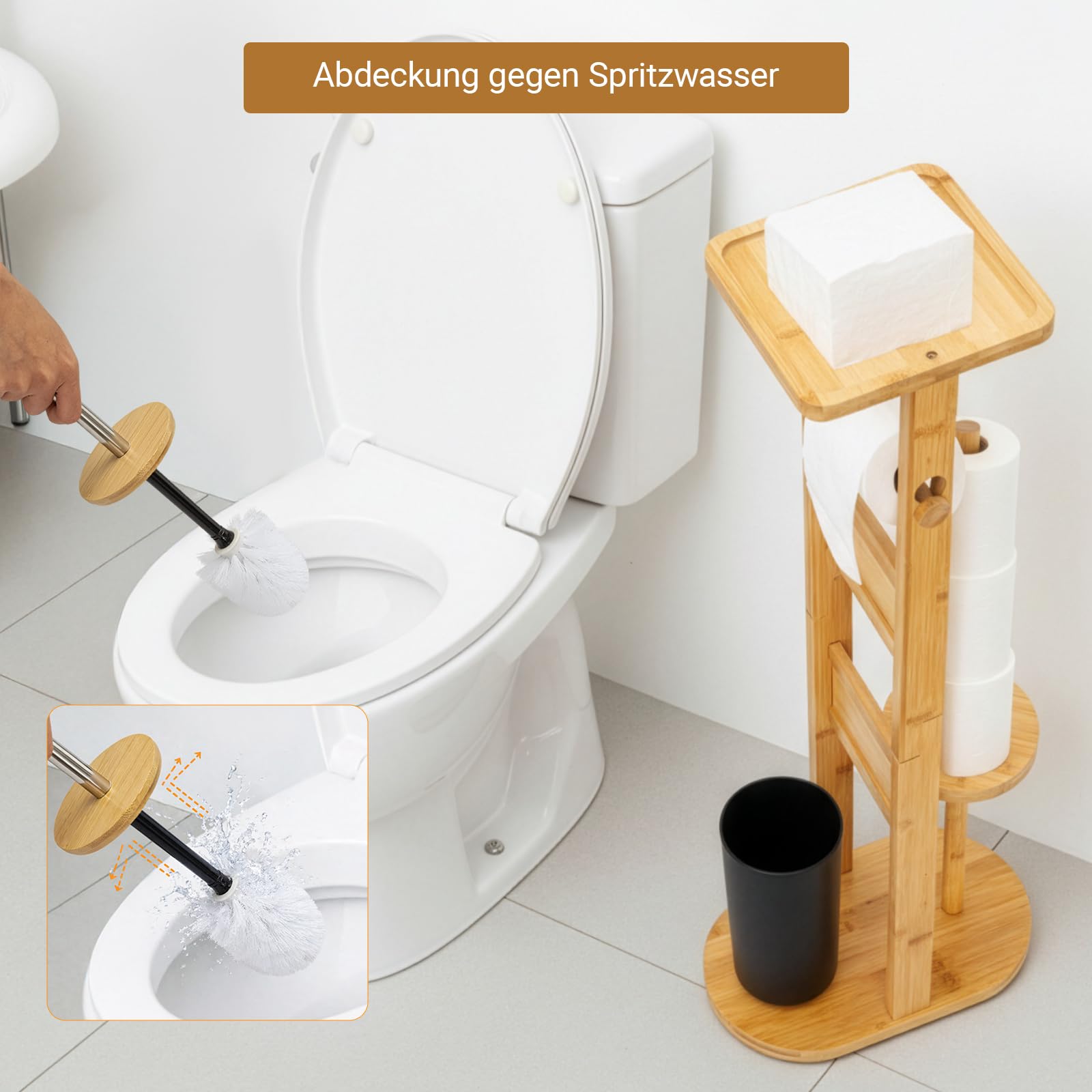 Bambus Klopapierhalter Stehend mit Klobürste Toilettenpapierhalter WC Bürste Halter Klorollenhalter Stehend Toilettenbürste Natur
