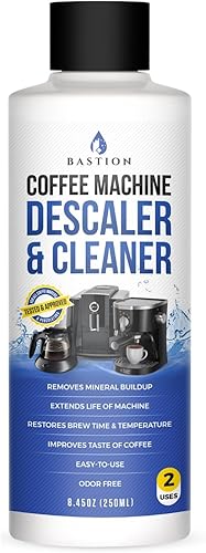 Bastion Descalcificador y limpiador para cafetera, 2 usos. (1 botella) Solución universal de descalcificación compatible con Keurig, Nespresso,