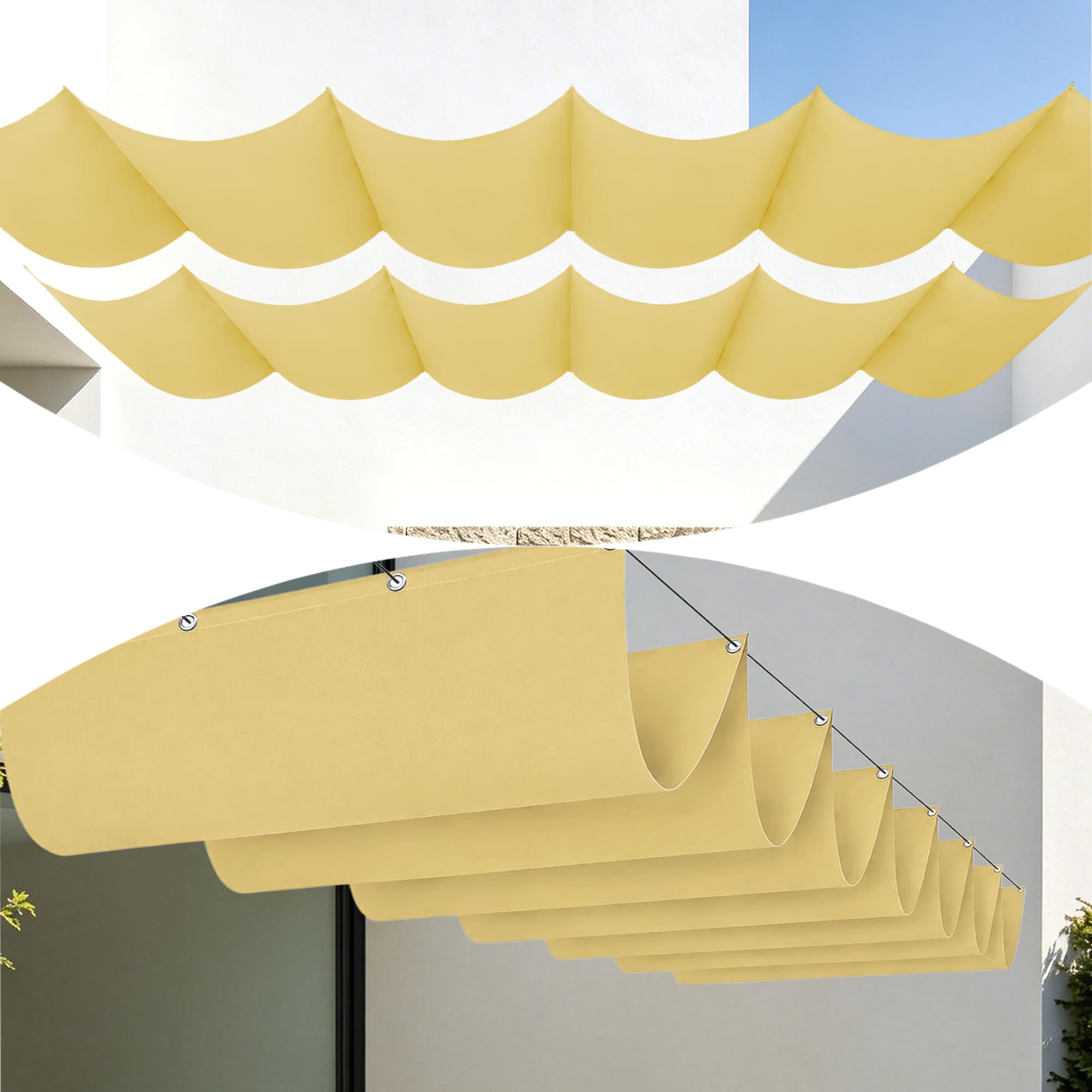 Rozwijana Markiza 200 x 660 cm Wodoszczelny Rozwijana Markiza Pergolowa Typu Wave Łatwy Montaż Do Ogrodu, Na Patio, Na Taras, Balkon, Piaskowy żółty
