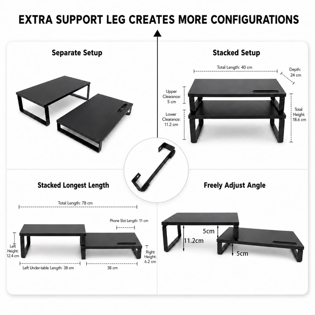 Supporto per doppio monitor, lunghezza e angolazione regolabili, organizer da scrivania ergonomico con supporto per smartphone e cuscinetti antiscivolo, carico 50 kg, supporto per monitor in