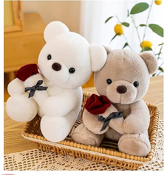 Cute Teddy Bear Plush Toys With Rose Flower Valentines Day Teddy Stuffed Animal Gift for Valentine's Day Christmas Anniversaries (Brown, 25cm(9.8