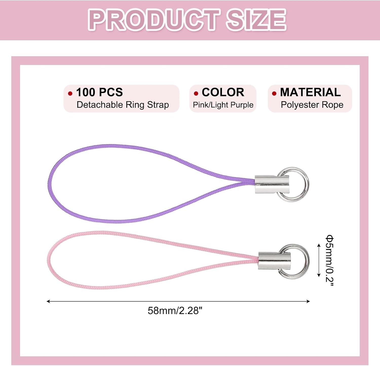 HARFINGTON 100 Pcs Phone Charm Lanyard Strap Kit, 58 mm Split Ring String Charm Lariat Lanyard Hanging Pendant Clasp for Camera USB Drive Keychain DIY Accessories, Pink/Light Purple image 2